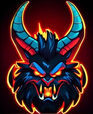 1boy, black background, fangs, glowing, glowing eyes, horns, looking at viewer, male focus, mascot logo, no humans, open mouth, portrait, red eyes, solo, teeth