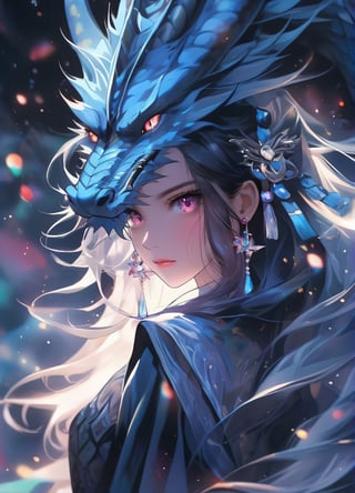 masterpiece, best qualityultra-realistic mix fantasy,(1 giant eastern dragon:1.3) behind an asian woman holding a glowing sword,void energy diamond sword, in the style of dark azure and light azure, mixes realistic and fantastical elements, vibrant manga, uhd image, glassy translucence, vibrant illustrations, ultra realistic, long hair, straight hair, light purple hair,head jewelly, jewelly, shawls,light In eyes, red eyes, portrait, firefly, bokeh, mysterious, fantasy, cloud, abstract, colorful background, night sky, flame, very detailed, high resolution, sharp, sharp image, 4k, 8k, masterpiece, best quality, magic effect, (high contrast:1.4), dream art, diamond, skin detail, face detail, eyes detail, mysterious colorful background, dark blue themes