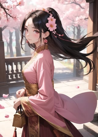 masterpiece, best quality1girl, black hair, blurry, blurry background, brown hair, chinese clothes, closed mouth, dress, earrings, facial mark, falling petals, flower, forehead mark, from side, hair ornament, holding, holding flower, jewelry, long hair, long sleeves, looking at viewer, petals, pink dress, solo, stairs, upper body