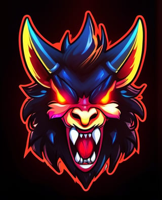 1boy, black background, fangs, glowing, glowing eyes, horns, looking at viewer, male focus, mascot logo, no humans, open mouth, portrait, red eyes, solo, teeth