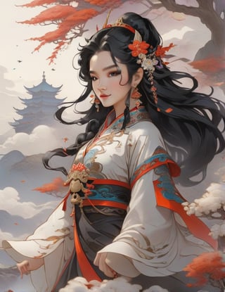 1girl, solo, hair ornament, bug, braid, jewelry, long hair, black hair, flower, chinese clothes, earrings, upper body, long sleeves, from side, dress
,mythical clouds