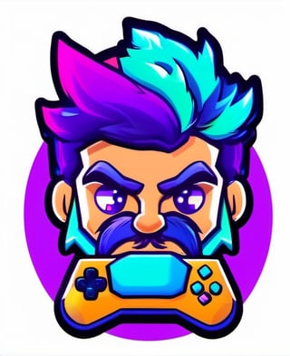 1boy, beard, controller, facial hair, game controller, looking at viewer, male focus, mascot logo, mustache, purple hair, solo, thick eyebrows