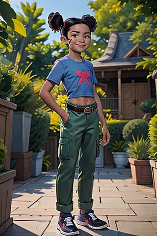 masterpiece, best quality, seen from front, 
professional portrait photo of a (((  Trixie carter, smal_body, flat_chested, 12-years-old, 12yo,  dark-skinned female ,double bun, black hair, midriff,  belt, sneakers, midriff, cropped_t-shirt, green cargo pants))), 
detailed skin, detailed eyes, 
waiting in rich lush oriental Victorian Era mansion garden, on hot summer day, 
photo made with Canon EOS in natural style photography,  
((smirk)),