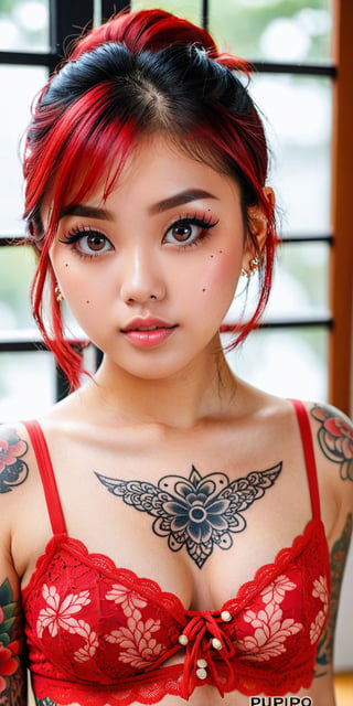 Woman with tattoos all over her body、female high-school student、Beautiful woman with big eyes and high nose、Neat face、Best Beauties、Red lace underwear、Artistic tattoos、Dynamic tattoos、Beautiful tattoos、Tattoos in the style of Japan、An ultra-high picture quality、8K picture quality、16k picture quality、realphoto、