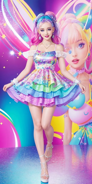 a woman in a dress and sandals standing on a white surface, cute rave outfit, fantasy dress, lisa frank style, cute sundress, plethora of colors ; mini dress, in style of lisa frank, inspired by Lisa Frank, different full body view, fun rave outfit, cute colorful adorable, distant full body view, cute dress, cute, graphic print