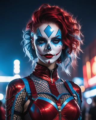 (Raw Photo:1.3) of (Ultra detailed:1.3) a lady with on at night, in the style of cybermysticpunk, dark red and sky-blue, clowncore, dc comics, layered mesh, stripes and shapes, carnivalcore