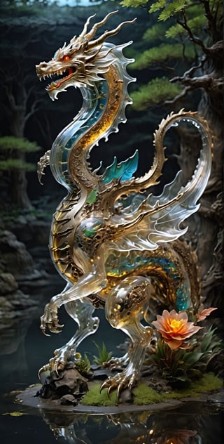 ((Masterpiece)), ((Top Quality)), 8k, High Detail, Super Detail, (Sophisticated Stealth), ((Mechanical Oriental Dragon: 1.5)), Accurate Anatomy, Rich Plants, (Cloud , lake, pond,), (forest: 1.5), (mechanical part: 1.3), skeleton body, (transparent: 1.5), c1bo, (do not draw human body: 1.5),