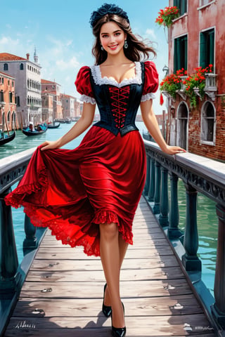 Beautiful dark haired Dutch girl dressed in victorian fashion, happy, smiling, fun, summer, flowers, stunning pose, perfect legs, pretty face features, pretty features, red_dress, walking on Bridge in Venice, detailed and pretty, Wadim Kashin, James Gurney, Ink, splash art, Royo,
