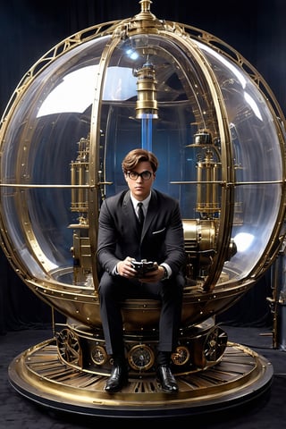 A man sitting inside a glass brass sphere clockwork time machine; from the 1960 movie The Time Machine, brown short wavy hair, wearing spectacles and clothing from the 1890s; intricately detailed, photorealistic, cinematic, scifi fantasy, fantasycore, clockpunk, metallic, vray, brass and glass machinery, robotics, gears, dirigible, (steampunk-light: 0.5),
