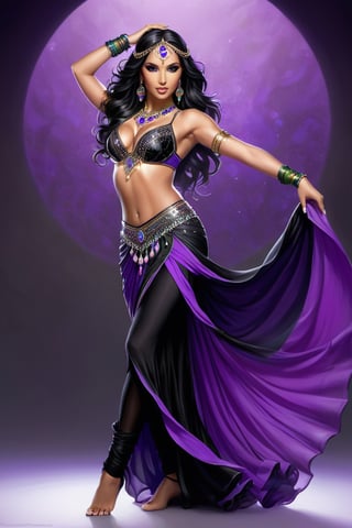 Full body, barefeet. Beautiful long wavy amethyst black colorful belly dancer, vivid eyes, gray scale crowd background, intricate costume design, dynamic movement, realistic shaded lighting, digital painting by J Scott Campbell and Jasmine Becket and Tara McPherson, artstation, 4k resolution, stunning composition,