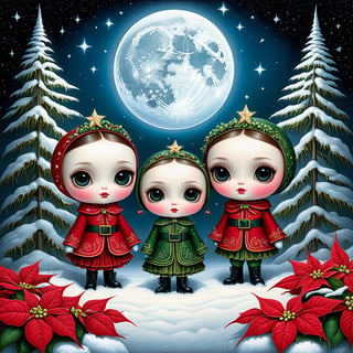 Family of Adorable poinsettia mistletoe holly creatures, big round eyes, snowy hill, full moon bright shining stars; hyperrealistic, insanely detailed, meticulous, maximalist, fantastical, surreal, Mark Ryden, Tim Burton, Jasmine Becket Griffith, Jean Baptiste Monge,