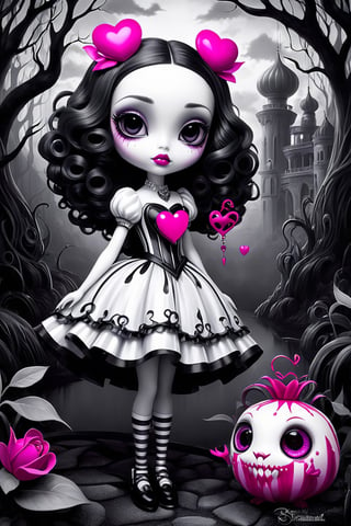 Grayscale Tim burton inspired creature holding a vivid bleeding fuschia heart out towards grayscale girl inspired by Jasmine Becket Griffith standing across from the creature, grayscale park background,