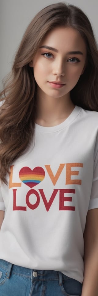 A stuning girl with a shirt with "Love" text logo, sweet colors, hearths , ultra high detail, large format, 5K Super 35, true 4K anamorphic ,text logo
