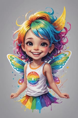 Excellence masterpice T-shirt design illustration of a little girl with a big smile, fairy wing, rainbow hair, sharper, clean lines, outline, vivid colors, tshirt design