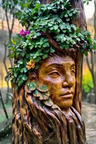 hyper realistic photo, 8k, faint face features on leafy tree, close up, magical fantastic face on tree trunk, old tree look, realistic eye faint features, wide nose, realistic wood bark texture, branches, magic forest background, colorful flowers, sunset, cinematic style, vivid colors of nature, wood carving style, vivid tree simulation