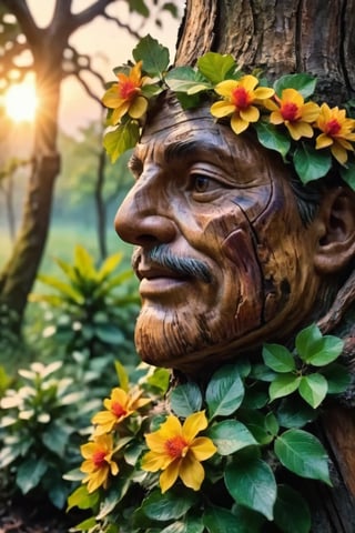hyper realistic photo, 8k, faint face features on the bark of a leafy oak tree, medium shot, magical and fantastic face, old tree look, open eyes hidden in the bark, wide flattened nose a little flat hidden in the bark, realistic wood bark texture, long branches, blurry bark-like mouth, magical forest background, colorful flowers, sunset, cinematic style, vivid colors of nature, vivid tree, mother nature