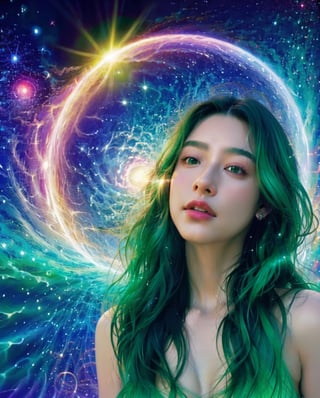 (4K, live shooting, highest quality, Masterpiece: 1.2), (Real, Photoreal: 1.37), Messenger from Nirai Kanai, Dreamtime, Equinox, Higher dimension, Eternity, Love, God, Rich breasts, Green eyes, Meditation, fantastic light, holographic hair, fractal, hyperdimensional, 528Hz, 650Hz, 6500GHz, string theory, 11 dimensions, light waves and particles, 35 years old, 1 woman