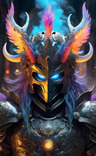 Imposing astral humanoid, colorful, hazy hair made of smoke, armor that covers his body, a helmet that covers his entire face, he is looking at the viewer, intricate details, chaos, luminescent, interactive image, highly detailed, high resolution.