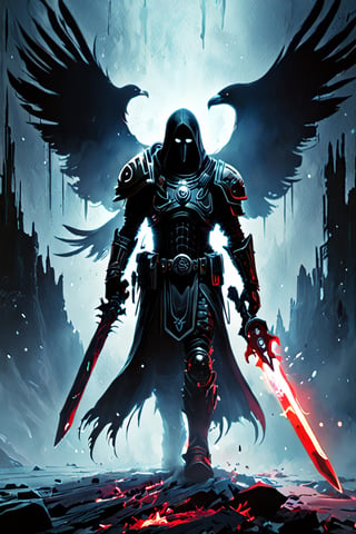 Black light and oil painting, warm foreground background, Kayvaan Shrike ((a male, long straight black hair, shoulder-length haircut, black eyes, pale white skin, muscular build, wears black cybernetic armor with white elemets and white lines, white raven symbol), surrounded by a cold misty night, glowing face paint with ultraviolet black light, by lois van baarle and bastien lecouffe deharme, drops of paint, dreamlike, digital painting, dynamic lighting, noir, art fantasy, stunning imaginative art, splatter art, subtle alcohol ink, mystical mist, night, shadows, magnificent and powerful, ((Space Marine, Kayvaan Shrike is a man from the Raven Guard, XIX Legion, Warhammer 40K)), concept art, acrylic paint, cinematic lighting, bright, intricate, cool color nuances, chaotic, 16k, illustration, colorful touches, golden ratio, fake detail, trending pixiv fanbox, acrylic spatula, slawomir maniak style, pascal campion, makoto shinkai studio ghibli genshin impact james gilleard greg rutkowski chiho aoshima, fear, wonder, 2d animation 3d painting, ghost person, DonMD3m0nXL, more detail XL,