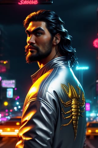 A close-up, Jason Momoa is the driver, detailed face, looking from behind at the viewer, showing the gold scorpion print on his silver jacket, interactive image, neon lights in the night city, very detailed, 8k. person sks, silver jacket, Color Booster