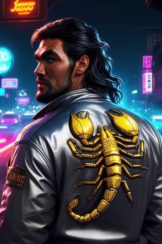 A close-up, Jason Momoa is the driver, detailed face, looking from behind at the viewer, showing the gold scorpion print on his silver jacket, interactive image, neon lights in the night city, very detailed, 8k. person sks, silver jacket, Color Booster