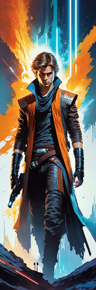Ultra-wide-angle, photorealistic shot of a space opera of exciting fusion between Anakin Solo (Star Wars +16 years old + brown hair+ brown and orange jackete + blue lightsaber) and Art Styles (Destiny 2 + LoL Arcane + Devil May Cry + Tron Legacy), resulting in a new character that embodies elements of both, people. , see Black Ink Flow - 8k Resolution Masterpiece - by Clayton Crain and Artem Chebokha - Intricately Detailed Fluid Painting - by Simon Stalenhag - Calligraphy - Acrylic - Colorful Watercolor, Cinematic Lighting, Maximalist Photo Illustration - by Jeszika Le Vye - Conceptual Art with 8k resolution Intricately detailed, complex, elegant, expansive, fantastical, psychedelic, paint dripping realism.