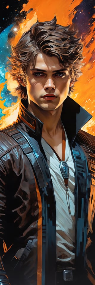 Ultra-Wide angle shot, photorealistic of space opera of thrilling fusion between Anakin Solo  (Star Wars + 16 years old + a handsome man + brown hair + brown &&  orange jacket) and Art Styles (Destiny 2 + LoL Arcane + Devil May Cry + Tron Legacy), resulting in a new character that embodies elements of both, people, seeBlack ink flow: 8k resolution photorealistic masterpiece: by Aaron Horkey and Jeremy Mann: intricately detailed fluid gouache painting: by Jean Baptiste Mongue: calligraphy: acrylic: colorful watercolor art, cinematic lighting, maximalist photoillustration: by marton bobzert: 8k resolution concept art intricately detailed, complex, elegant, expansive, fantastical, psychedelic realism, dripping paint.