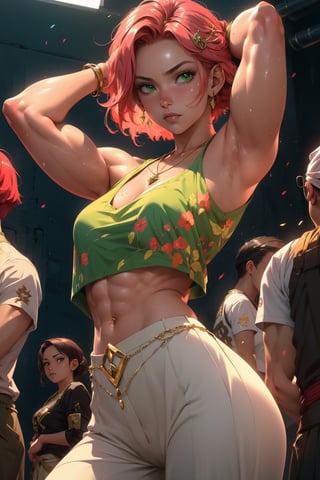 1girl, Yukina, solo, oil painting, impasto, looking at viewer, a beautiful young woman, 20 years old, short red_pink hair, green eyes, ((caucasian, white skin)) blacksmith, DnD, tribal necklace, blacksmith psychedelic outfit, muscular female, strong arms, big breasts, ripped abs, wide hips,  psychedelic background, masterpiece, nijistyle, niji, , sciamano240, soft shading, yukina