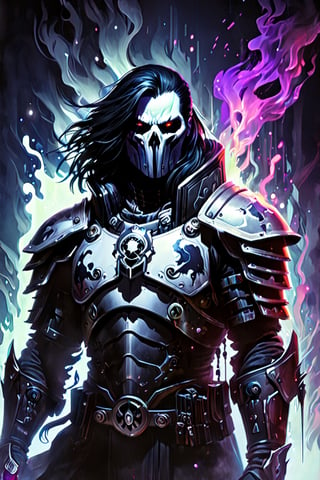 Black light and oil painting, warm foreground background, Kayvaan Shrike ((a male, long straight black hair, shoulder-length haircut, black eyes, pale white skin, muscular build, wears black cybernetic armor with white elemets and white lines, white raven symbol), surrounded by a cold misty night, glowing face paint with ultraviolet black light, by lois van baarle and bastien lecouffe deharme, drops of paint, dreamlike, digital painting, dynamic lighting, noir, art fantasy, stunning imaginative art, splatter art, subtle alcohol ink, mystical mist, night, shadows, magnificent and powerful, ((Space Marine, Kayvaan Shrike is a man from the Raven Guard, XIX Legion, Warhammer 40K)), concept art, acrylic paint, cinematic lighting, bright, intricate, cool color nuances, chaotic, 16k, illustration, colorful touches, golden ratio, fake detail, trending pixiv fanbox, acrylic spatula, slawomir maniak style, pascal campion, makoto shinkai studio ghibli genshin impact james gilleard greg rutkowski chiho aoshima, fear, wonder, 2d animation 3d painting, ghost person, DonMD3m0nXL, more detail XL,