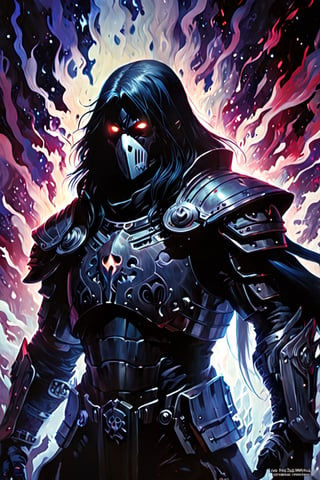 Black light and oil painting, warm foreground background, Kayvaan Shrike ((a male, long straight black hair, shoulder-length haircut, black eyes, pale white skin, muscular build, wears black cybernetic armor with white elemets and white lines, white raven symbol), surrounded by a cold misty night, glowing face paint with ultraviolet black light, by lois van baarle and bastien lecouffe deharme, drops of paint, dreamlike, digital painting, dynamic lighting, noir, art fantasy, stunning imaginative art, splatter art, subtle alcohol ink, mystical mist, night, shadows, magnificent and powerful, ((Space Marine, Kayvaan Shrike is a man from the Raven Guard, XIX Legion, Warhammer 40K)), concept art, acrylic paint, cinematic lighting, bright, intricate, cool color nuances, chaotic, 16k, illustration, colorful touches, golden ratio, fake detail, trending pixiv fanbox, acrylic spatula, slawomir maniak style, pascal campion, makoto shinkai studio ghibli genshin impact james gilleard greg rutkowski chiho aoshima, fear, wonder, 2d animation 3d painting, ghost person, DonMD3m0nXL, more detail XL,