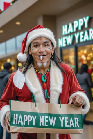 Native American Santa is smoking a lot and is really stoned man, he is pointing to a marque sign text "Happy New Year". Detailed background of a shopping center - BREAK ((( a Pretty woman with shopping bags1.3, sex sells this product idea, clevage, 8k, masterpiece, complex_background)))