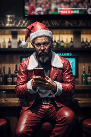 hipster santa, red leather jacket, santa hat, in a modern bar, texing on his phone, sitting, looking at the camera, football on tv in the background with many people, fantasy00d, a crowd is fighting in the background, brawling, fight
,ff14bg,Isometric_Setting