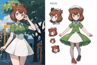 multiple views, Model sheet, masterpiece, best quality, looking at viewer, sugimori ken \(style\), {big milkers} (full body), 1girl,  {{{ Bianca, alone, brown eyes, bangs, tree, green shirt, white skirt, makeup, wristwatch, hats }}}, semi-nude, mom and daughter, 1girl, {White background} <<big milkers>> SMAce, masterpiece, best quality, , masterpiece, {{illustration}}, {best quality}, {{hi res}},tashigi,glasses,AGE REGRESSION,kinomoto sakura,Cardcaptor_Sakura,Bianca