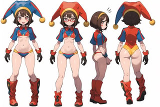 multiple views, Model sheet, masterpiece, best quality, looking at viewer, sugimori ken \(style\), {big milkers} (full body), 1girl,  {{{detailed landscape,(dynamic pose:1.2), more_details, pomni, pomni, 1girl, solo, looking at viewer, short hair, brown hair, red eyes, gloves red and blue, hat, thighs, symbol-shaped pupils,bikini, blush stickers, thick thighs, jester cap, clown }}}, semi-nude, mom and daughter, 1girl, {White background} <<big milkers>> SMAce, masterpiece, best quality, , masterpiece, {{illustration}}, {best quality}, {{hi res}},tashigi,glasses,AGE REGRESSION, Miyu_MM,Pomni