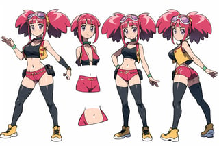 multiple views, Model sheet, masterpiece, best quality, looking at viewer, sugimori ken \(style\), {big milkers} (full body), 1girl, {{{Zoe Drake, 1girl, blush, bangs, navel, twintails, jewelry, purple eyes, pink hair, goggles, goggles on head, choker, abdomen, open clothing, thigh highs, crop top, open vest, shoes, wristband, black thighs, black crop top, yellow vest, panty stocking, vest over short top, thong}}}, semi-nude, mom and daughter, 1girl, {White background} <<big milkers>> SMAce, masterpiece, best quality, masterpiece, perfect hands, tight pants, thick thighs {{illustration}}, {best quality}, {{hi res}},mallow \(pokemon\)