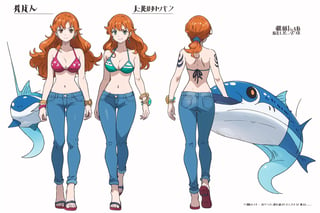 multiple views, Model sheet, masterpiece, best quality, looking at viewer, sugimori ken \(style\), {big milkers} (full body), 1girl,  {{{ nami, 1 girl, alone, long hair, breasts, big breasts, navel, holding, cleavage, brown eyes, jewelry, closed mouth, swimsuit, bikini, earrings, outdoors, abdomen, pants, stomach, orange hair, bracelet , tattoo, denim, bikini_top_only, fish, pants, underwater, railing, blue pants, armband, arm tattoo, boat, bikini_green, shoulder tattoo, post  }}}, semi-nude, mom and daughter, 1girl, {White background} <<big milkers>> SMAce, masterpiece, best quality, , masterpiece, {{illustration}}, {best quality}, {{hi res}},