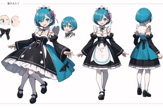 multiple views, Model sheet, masterpiece, best quality, looking at viewer, sugimori ken \(style\), {big milkers} (full body), 1girl,  {{{  roswaal mansion maid uniform, rem (re:zero), breasts, blue hair,Shiny smile, solo, hair over one eye, blue eyes, short hair, maid, cleavage, hair ornament, x hair ornament, (jumping),rises both legs,looking at viewer, detached sleeves, smile, open mouth, ribbon, pink ribbon, hair ribbon }}}, semi-nude, mom and daughter, 1girl, {White background} <<big milkers>> SMAce, masterpiece, best quality, , masterpiece, {{illustration}}, {best quality}, {{hi res}},tashigi,glasses,AGE REGRESSION