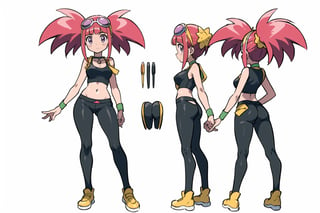 multiple views, Model sheet, masterpiece, best quality, looking at viewer, sugimori ken \(style\), {big milkers} (full body), 1girl, {{{Zoe Drake, 1girl, blush, bangs, navel, twintails, jewelry, purple eyes, pink hair, goggles, goggles on head, choker, abdomen, open clothing, thigh highs, crop top, open vest, shoes, wristband, black thighs, black crop top, yellow vest, panty stocking, vest over short top, thong}}}, semi-nude, mom and daughter, 1girl, {White background} <<big milkers>> SMAce, masterpiece, best quality, masterpiece, perfect hands, tight pants, thick thighs {{illustration}}, {best quality}, {{hi res}},mallow \(pokemon\)