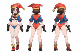 multiple views, Model sheet, masterpiece, best quality, looking at viewer, sugimori ken \(style\), {big milkers} (full body), 1girl,  {{{detailed landscape,(dynamic pose:1.2), more_details, pomni, pomni, 1girl, solo, looking at viewer, short hair, brown hair, red eyes, gloves red and blue, hat, thighs, symbol-shaped pupils,bikini, blush stickers, thick thighs, jester cap, clown }}}, semi-nude, mom and daughter, 1girl, {White background} <<big milkers>> SMAce, masterpiece, best quality, , masterpiece, {{illustration}}, {best quality}, {{hi res}},tashigi,glasses,AGE REGRESSION, Miyu_MM,Pomni