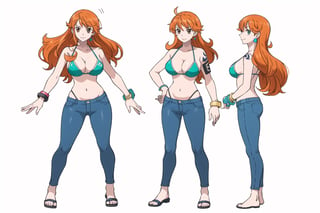 multiple views, Model sheet, masterpiece, best quality, looking at viewer, sugimori ken \(style\), {big milkers} (full body), 1girl,  {{{ nami, 1 girl, alone, long hair, breasts, big breasts, navel, holding, cleavage, brown eyes, jewelry, closed mouth, swimsuit, bikini, earrings, outdoors, abdomen, pants, stomach, orange hair, bracelet , tattoo, denim, bikini_top_only, fish, pants, underwater, railing, blue pants, armband, arm tattoo, boat, bikini_green, shoulder tattoo, post  }}}, semi-nude, mom and daughter, 1girl, {White background} <<big milkers>> SMAce, masterpiece, best quality, , masterpiece, {{illustration}}, {best quality}, {{hi res}},