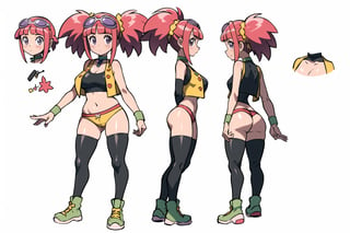 multiple views, Model sheet, masterpiece, best quality, looking at viewer, sugimori ken \(style\), {big milkers} (full body), 1girl, {{{Zoe Drake, 1girl, blush, bangs, navel, twintails, jewelry, purple eyes, pink hair, goggles, goggles on head, choker, abdomen, open clothing, thigh highs, crop top, open vest, shoes, wristband, black thighs, black crop top, yellow vest, panty stocking, vest over short top, thong, cute dinosaur plush}}}, semi-nude, mom and daughter, 1girl, {White background} <<big milkers>> SMAce, masterpiece, best quality, masterpiece, perfect hands, tight pants, thick thighs {{illustration}}, {best quality}, {{hi res}},mallow \(pokemon\)