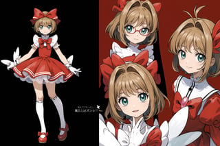 multiple views, Model sheet, masterpiece, best quality, looking at viewer, sugimori ken \(style\), {big milkers} (full body), 1girl,  {{{  Cardcaptor_Sakura, skirt_lift, red_dress }}}, semi-nude, mom and daughter, 1girl, {White background} <<big milkers>> SMAce, masterpiece, best quality, , masterpiece, {{illustration}}, {best quality}, {{hi res}},tashigi,glasses,AGE REGRESSION,kinomoto sakura,Cardcaptor_Sakura