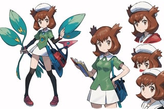 multiple views, Model sheet, masterpiece, best quality, looking at viewer, sugimori ken \(style\), {big milkers} (full body), 1girl,  {{{ Bianca, alone, brown eyes, bangs, tree, green shirt, white skirt, makeup, wristwatch, hats }}}, semi-nude, mom and daughter, 1girl, {White background} <<big milkers>> SMAce, masterpiece, best quality, , masterpiece, {{illustration}}, {best quality}, {{hi res}},tashigi,glasses,AGE REGRESSION,kinomoto sakura,Cardcaptor_Sakura,Bianca