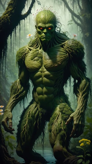 art by (apterus:1.3). distant shot of (((The Swamp Thing))) overgrown with vegetation and flowers. Amazing anatomy, (fiery eyes), wood, leafs, cracks, moss, (apterus creepy anatomy:1.2), swampthing, dark mood, swamp, fog