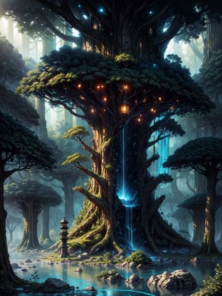 masterpiece, Stunning Illustration of a hyperrealistic photograph of a full-body giant tree, blue sky cloud, glowing, village, volumetric lighting" by  Nikolina Petolas, Peter Gric, Dariusz Klimczak, surreal hallucinatory intricately detailed sharp focus, otherworldly, highly detailed, magical lighting, intricate forest details, surrounding plants and rivers, small waterfall, solar, landscape, giant trees, beautiful foliage with beautiful lighting,steampunk style,hijabsteampunk