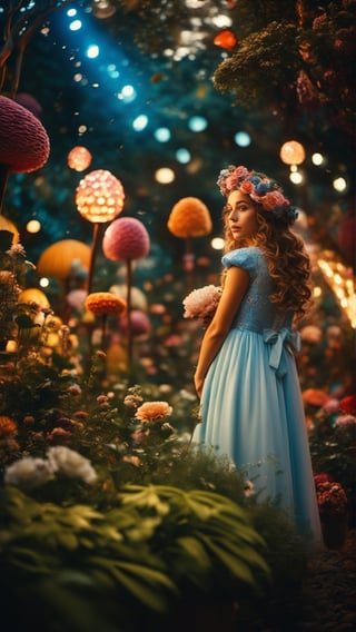cinematic photo Arcane,  Abdul Djalil Pirous, 1girl, Alice in Wonderland,  wandering in Enchanted Garden, beautiful,  whimsical wonderland with oversized flowers, talking animals, hidden pathways, swirling lights:1.2, light particles:0.9,life-like, Incorporates vibrant colors, unusual plant arrangements, and fantastical creatures, texture, masterpiece, great art, high quality, best quality, highly detailed, 8k, wide shot, panorama, (Bottom view:1.1), Kodachrome,1970s,(8k, RAW photo, highest quality), eye focus, close up,sharp focus,(detailed eyes:0.8), (masterpiece,best quality:1.5) . 35mm photograph, film, bokeh, professional, 4k, highly detailed