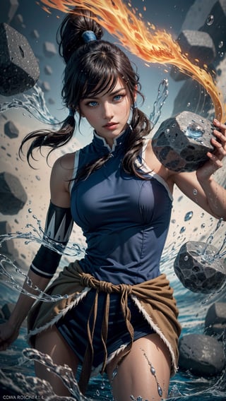 Cinematic, solo, 1girl, korra, dark skin, latina, blue eyes, ponytail, hair tubes, sleeveless, bare shoulders, (levitating:1.4, floating rock:1.4, floating water:1.4), ((anger's fiery fury)), colorful_aura:1.5, energy_flowing, water_flowing, angry vibe, dynamic pose, upper_body, Epic zenith, fantasy theme, Depth of field, Film Still, pretopasin, abstract, traditional media, casting spell, NightmareFlame, oni style