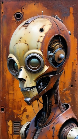 strange surreal, mechano-organic anthropomorphic characters, rust, old peeling multilayer paint, cyberpunk, gothic, masterpiece from the amazing, incomparable, greatest artist of our time, ingenious painter, talented creator of masterpieces Dan Slumper, high detail, bicubic, 300dpi