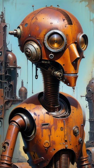 strange surreal, mechano-organic anthropomorphic characters, rust, old peeling multilayer paint, cyberpunk, gothic, masterpiece from the amazing, incomparable, greatest artist of our time, ingenious painter, talented creator of masterpieces Dan Slumper, high detail, bicubic, 300dpi