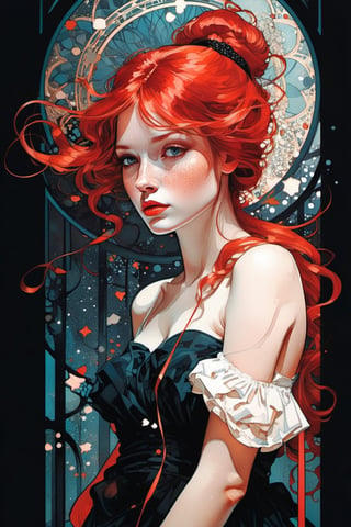 beautiful red haired girl, by Alphonse Mucha, Alice X. Zhang, Pascal Campion, intricate black pen illustration, hyper-detailed scribble art